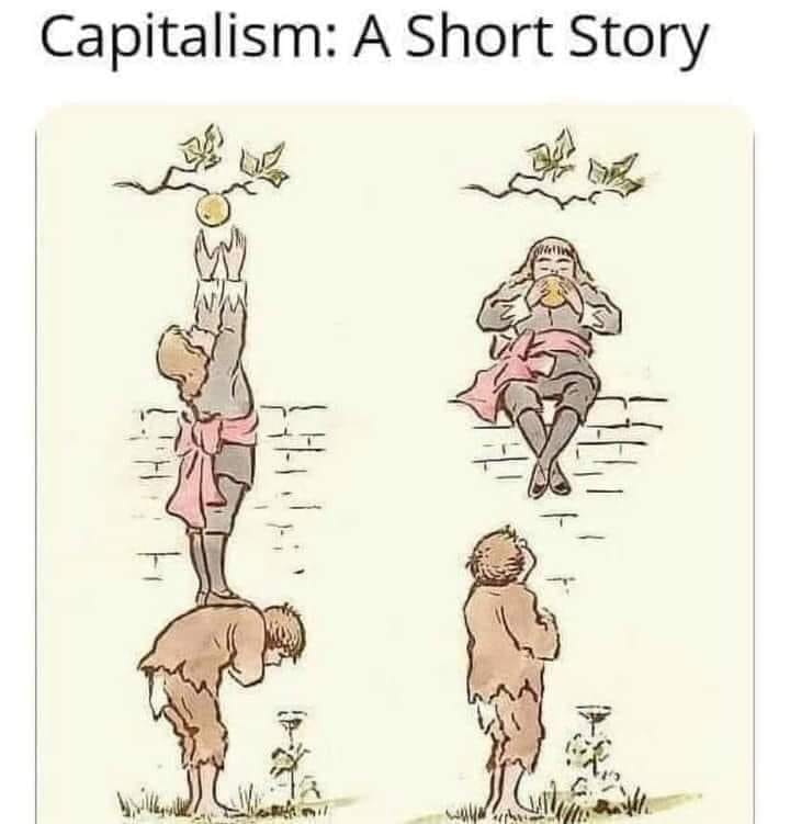 This meme is a visual representation of the concept of capitalism, with a series of illustrations showing a person trying to reach a high shelf with a long stick, only to have the stick break, then a person trying to climb a tree, only to get stuck, and finally a person sitting on a couch eating a sandwich, with the text "Capitalism: A Short Story" at the top.